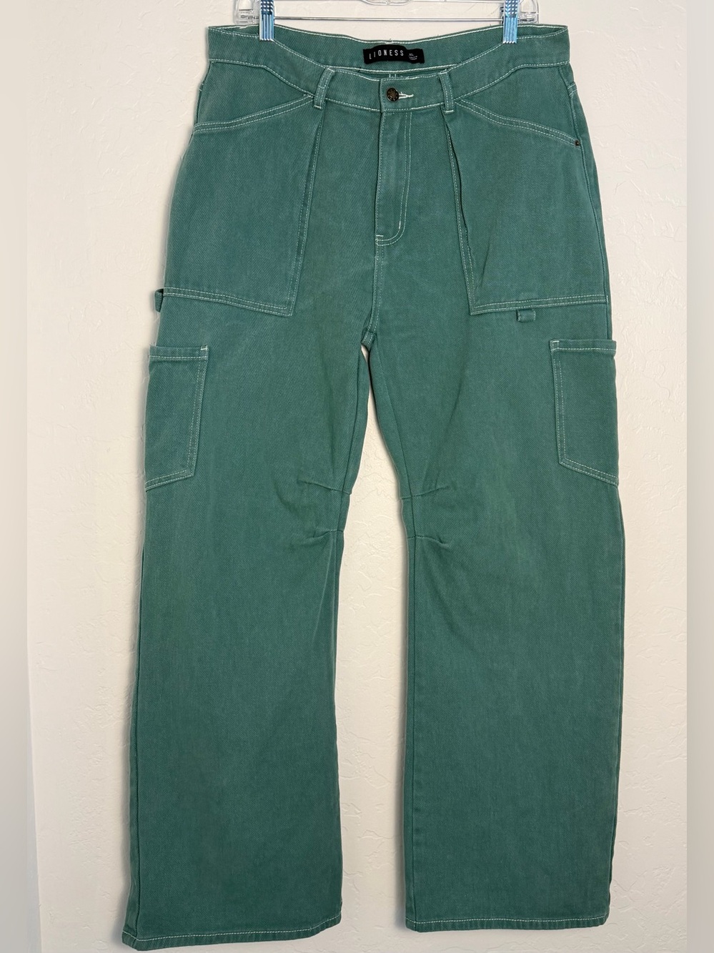 Lioness Women's XL Denim Jean Miami Vice Wide Leg Green Cargo Pants Baggy j